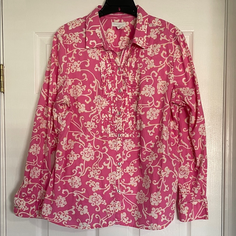 Charter Club Pink and White Patterned Button Down Blouse
